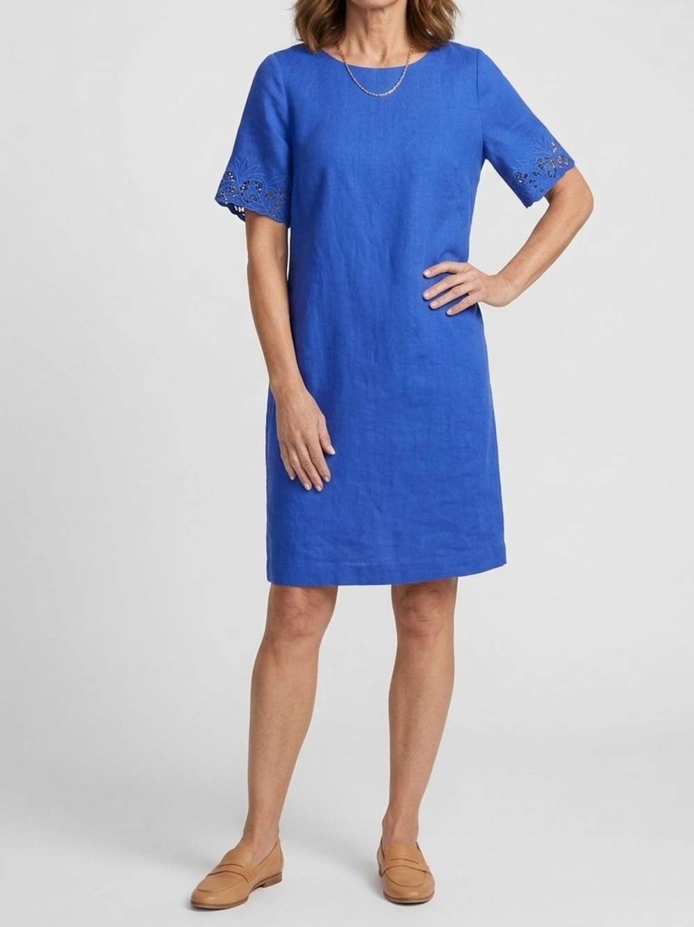 CHICOS 100% Linen Cobalt Blue Cut Out Floral Short Sleeve Shift Dress 3 16